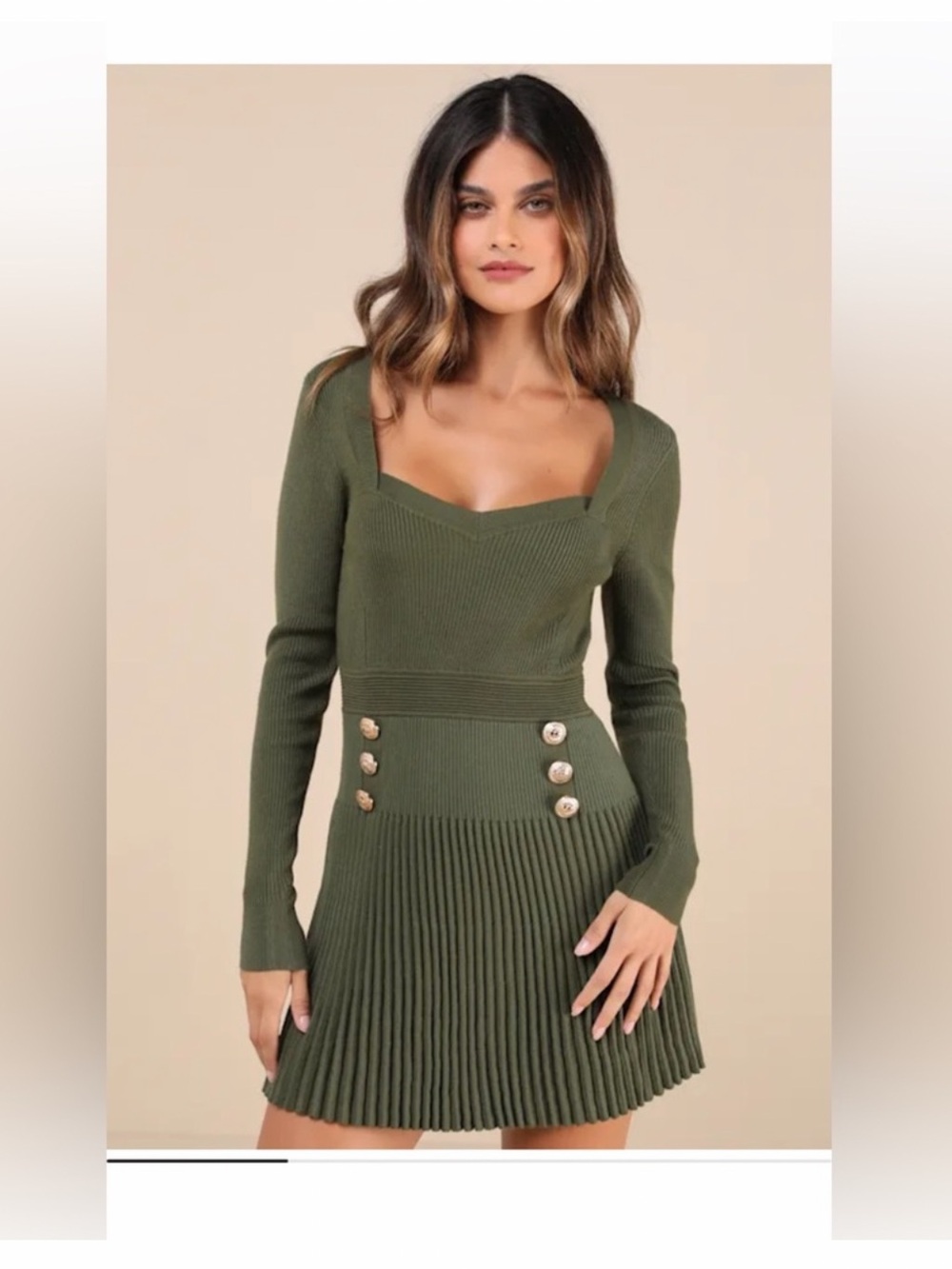 Lulu's Olive Knit Long-Sleeve Pleated Skirt Dress with Gold Buttons